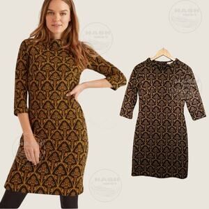 Boden Victoria Jacquard Dress US 4P | Black Gold Metallic, Shift, 3/4 Sleeve